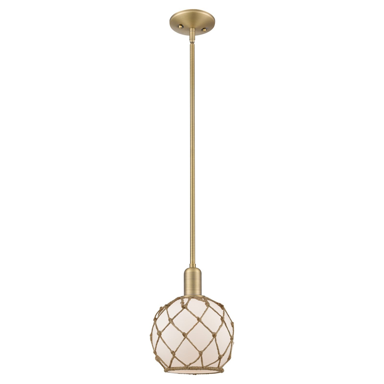 Innovations Farmhouse Rope 8in 1-Light Mini Pendant | Industrial Brushed Brass and White Glass with Brown Rope | Kitchen Island | Model 716-1S-BB-G121-8RB