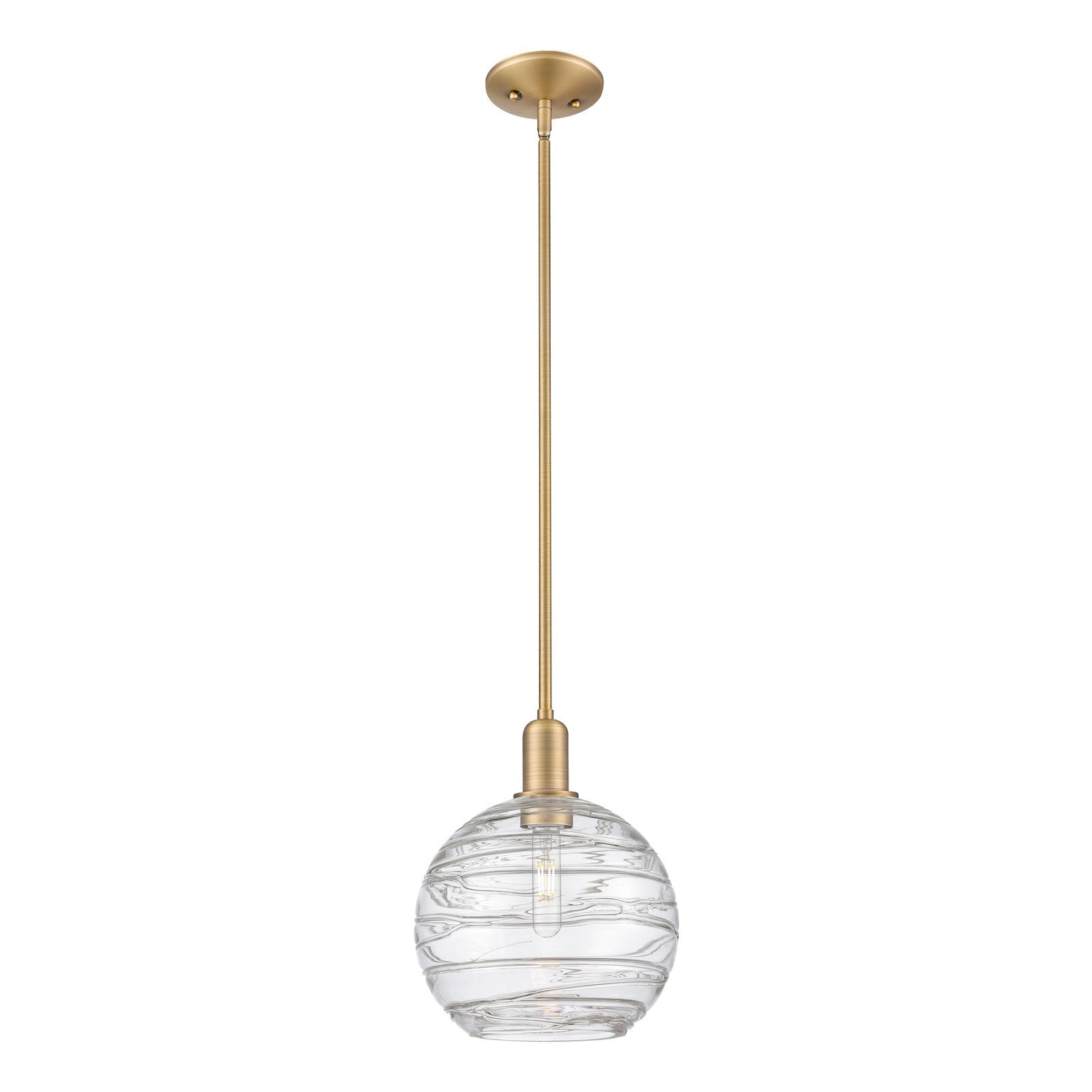 Innovations Athens Deco Swirl 10in 1-Light Mini Pendant | Industrial Brushed Brass and Clear Deco Swirl Glass | Kitchen | Model 716-1S-BB-G1213-10CL