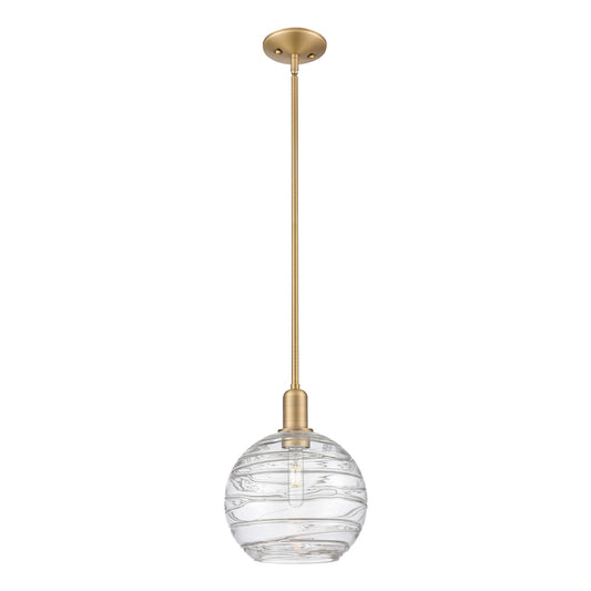 Innovations Athens Deco Swirl 10in 1-Light Mini Pendant | Industrial Brushed Brass and Clear Deco Swirl Glass | Kitchen | Model 716-1S-BB-G1213-10CL