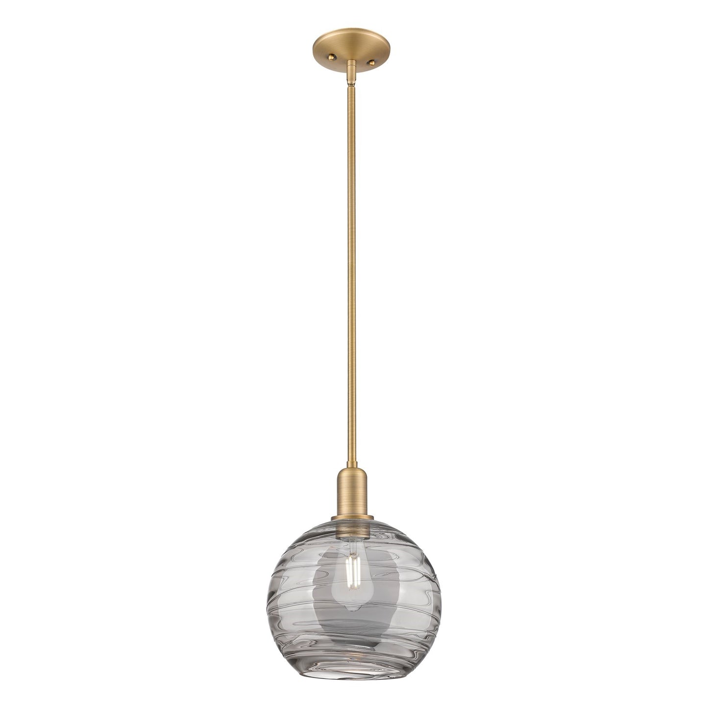 Innovations Athens Deco Swirl 10in 1-Light Mini Pendant | Industrial Brushed Brass and Light Smoke Glass | Kitchen Island & | Model 716-1S-BB-G1213-10SM