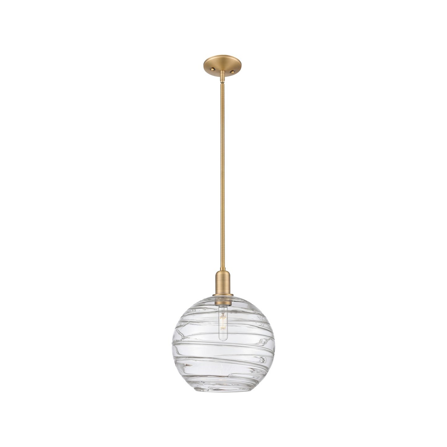 Innovations Athens Deco Swirl 12in 1-Light Mini Pendant | Industrial Brushed Brass and Clear Deco Swirl Glass | Kitchen | Model 716-1S-BB-G1213-12CL