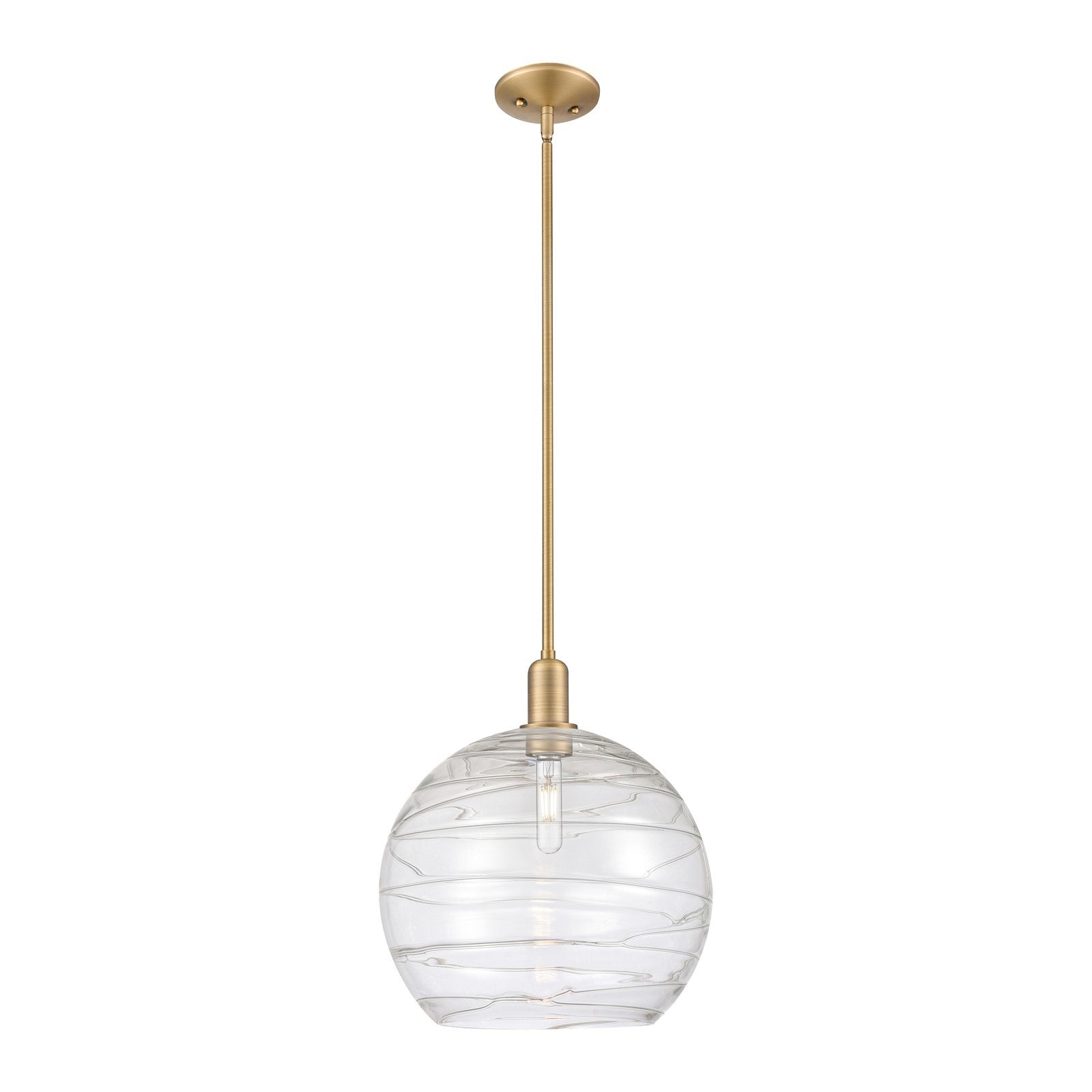 Innovations Athens Deco Swirl 14in 1-Light Mini Pendant | Industrial Brushed Brass and Clear Deco Swirl Glass | Kitchen | Model 716-1S-BB-G1213-14CL