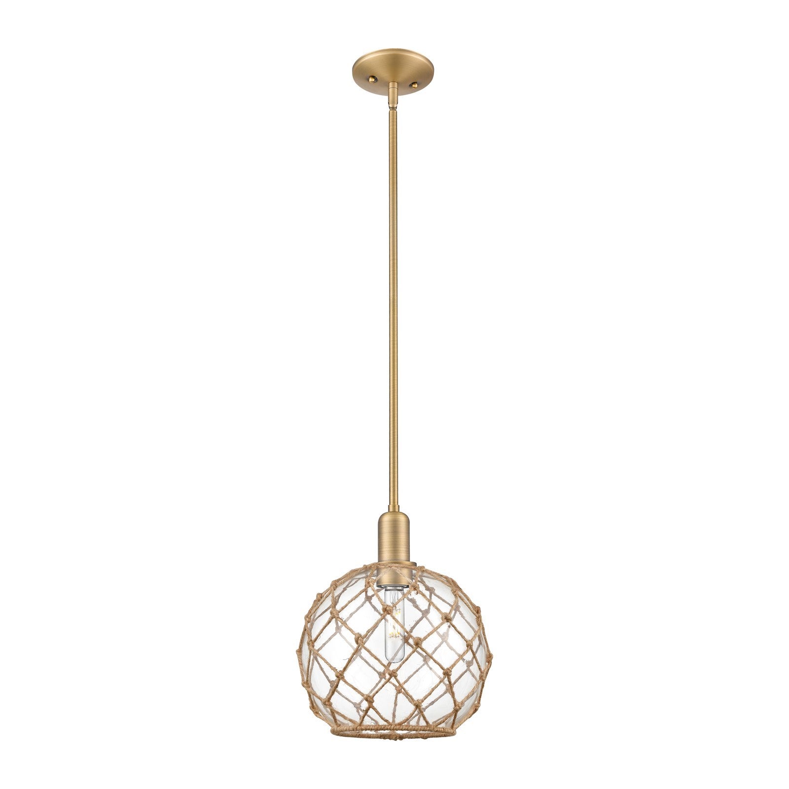 Innovations Farmhouse Rope 10in 1-Light Mini Pendant | Industrial Brushed Brass Steel and Clear Glass with Brown Rope | Model 716-1S-BB-G122-10RB