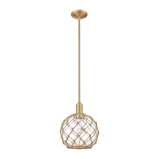 Innovations Farmhouse Rope 10in 1-Light Mini Pendant | Industrial Brushed Brass Steel and Clear Glass with Brown Rope | Model 716-1S-BB-G122-10RB