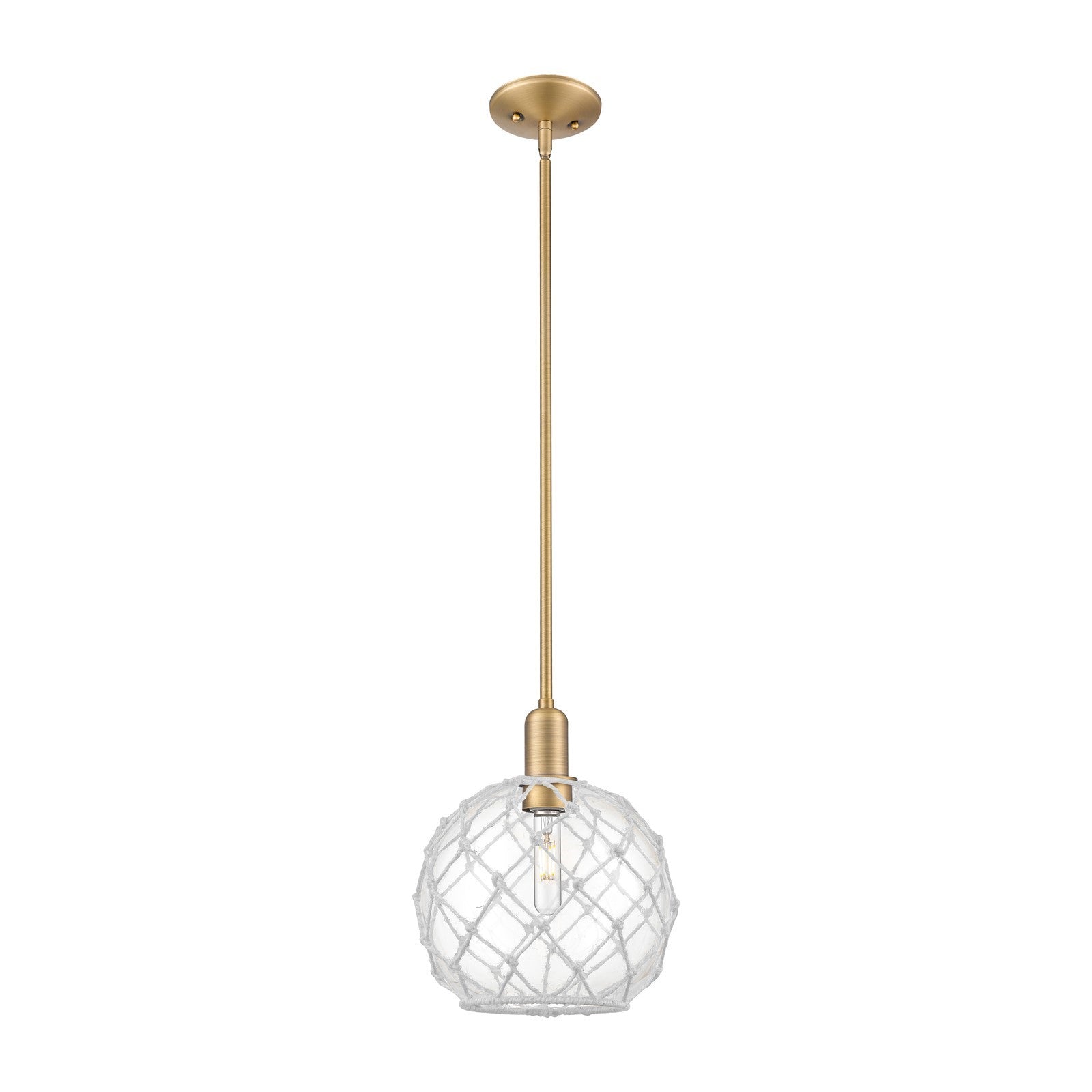 Innovations Farmhouse Rope 10in 1-Light Mini Pendant | Industrial Brushed Brass Steel and Clear Glass with White Rope | Model 716-1S-BB-G122-10RW