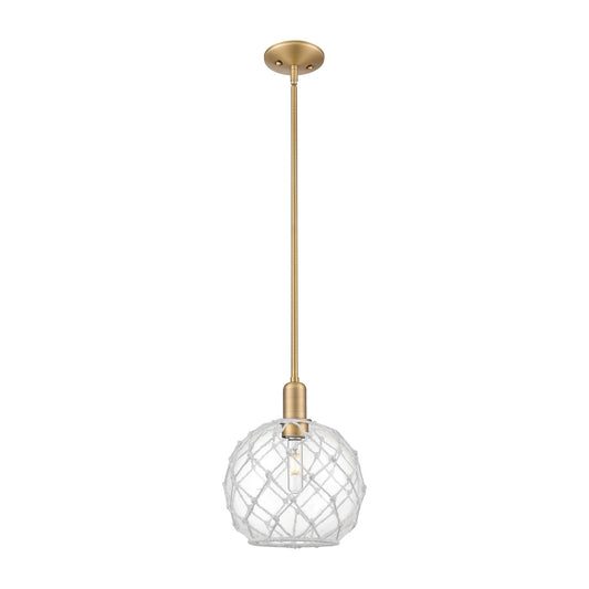 Innovations Farmhouse Rope 10in 1-Light Mini Pendant | Industrial Brushed Brass Steel and Clear Glass with White Rope | Model 716-1S-BB-G122-10RW
