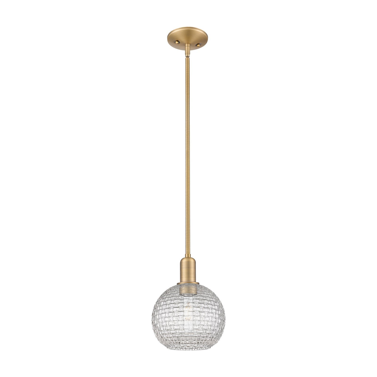 Innovations Athens 8in 1-Light Mini Pendant | Industrial Brushed Brass Steel and Clear Basket Weave Glass | Kitchen Island & | Model 716-1S-BB-G122C-8CL