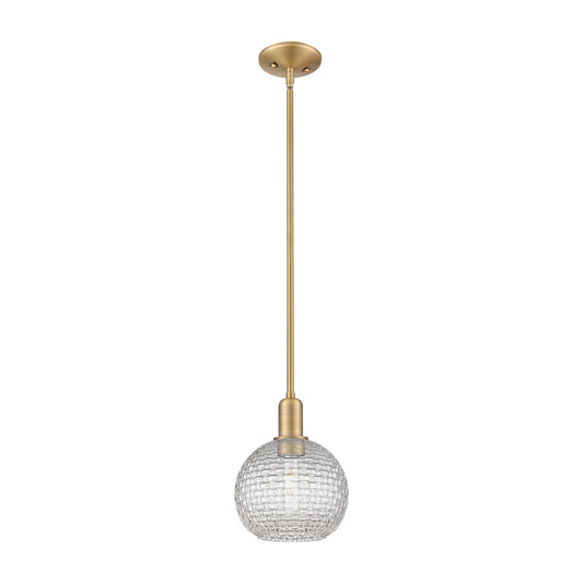 Innovations Athens 8in 1-Light Mini Pendant | Industrial Brushed Brass Steel and Clear Basket Weave Glass | Kitchen Island & | Model 716-1S-BB-G122C-8CL