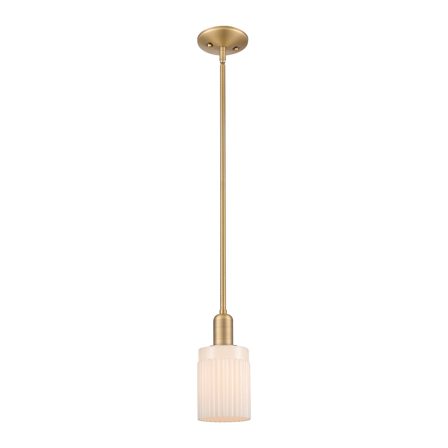 Innovations Hadley 4.5in 1-Light Mini Pendant | Industrial Brushed Brass and Matte White Ribbed Glass | Kitchen Island & Dining | Model 716-1S-BB-G341