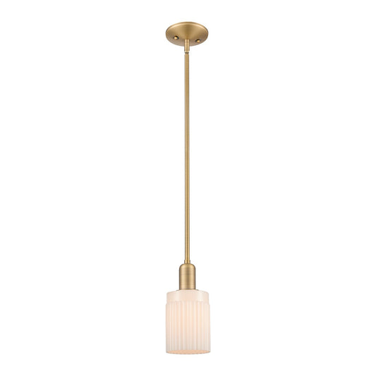 Innovations Hadley 4.5in 1-Light Mini Pendant | Industrial Brushed Brass and Matte White Ribbed Glass | Kitchen Island & Dining | Model 716-1S-BB-G341