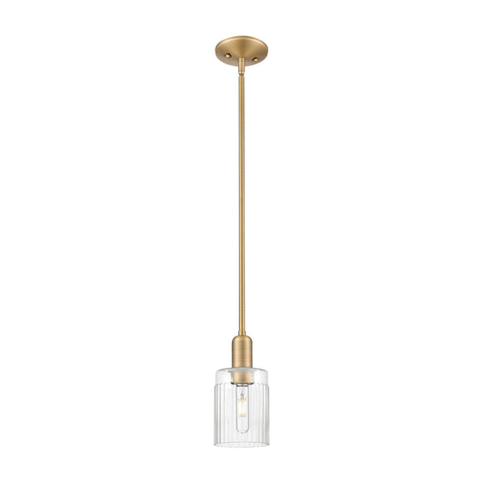 Innovations Hadley 4.5in 1-Light Mini Pendant | Industrial Brushed Brass Steel and Clear Ribbed Glass | Kitchen Island & Dining | Model 716-1S-BB-G342