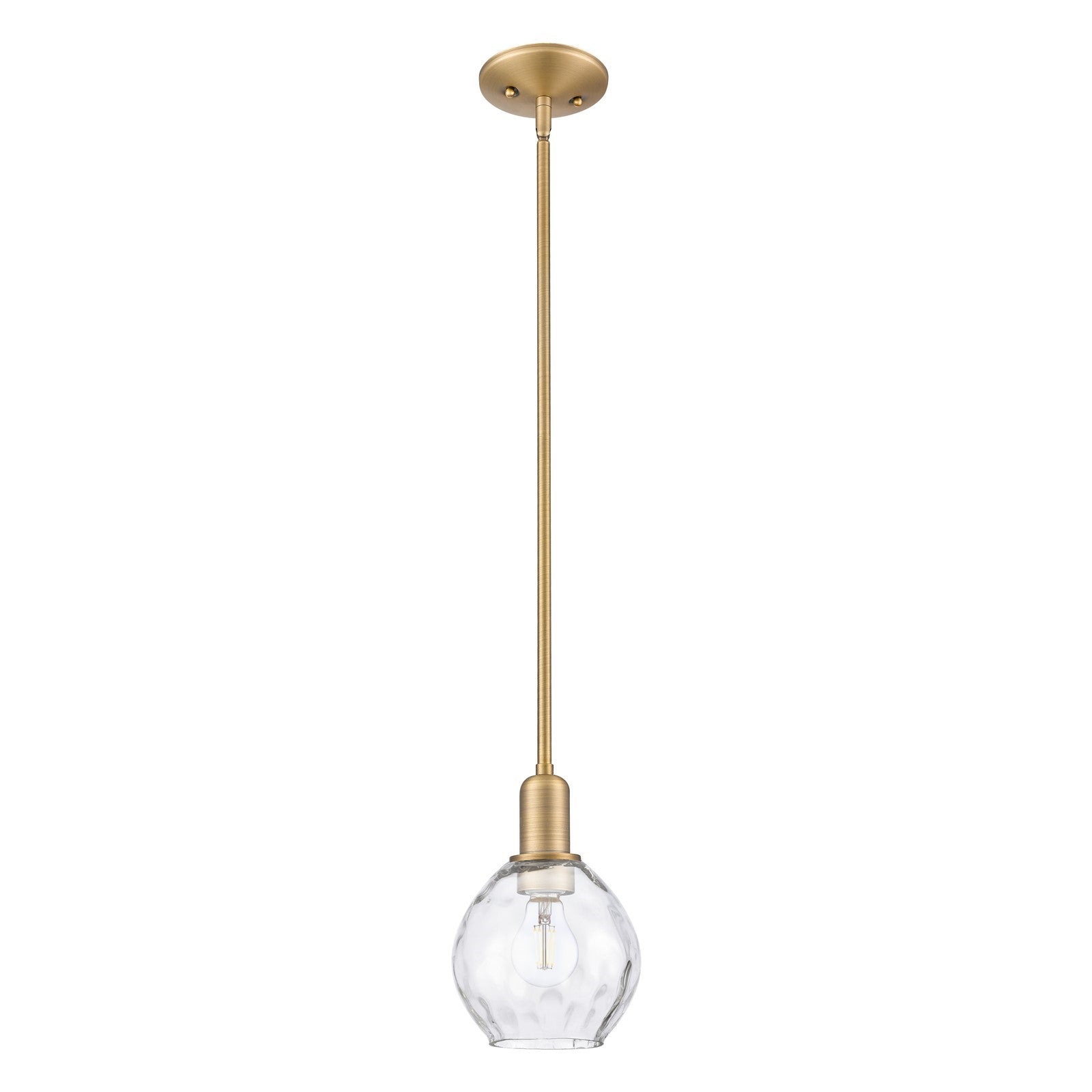 Innovations Waverly 6in 1-Light Mini Pendant | Industrial Brushed Brass and Clear Water Glass | Kitchen Island & Dining Room | Damp | Model 716-1S-BB-G362