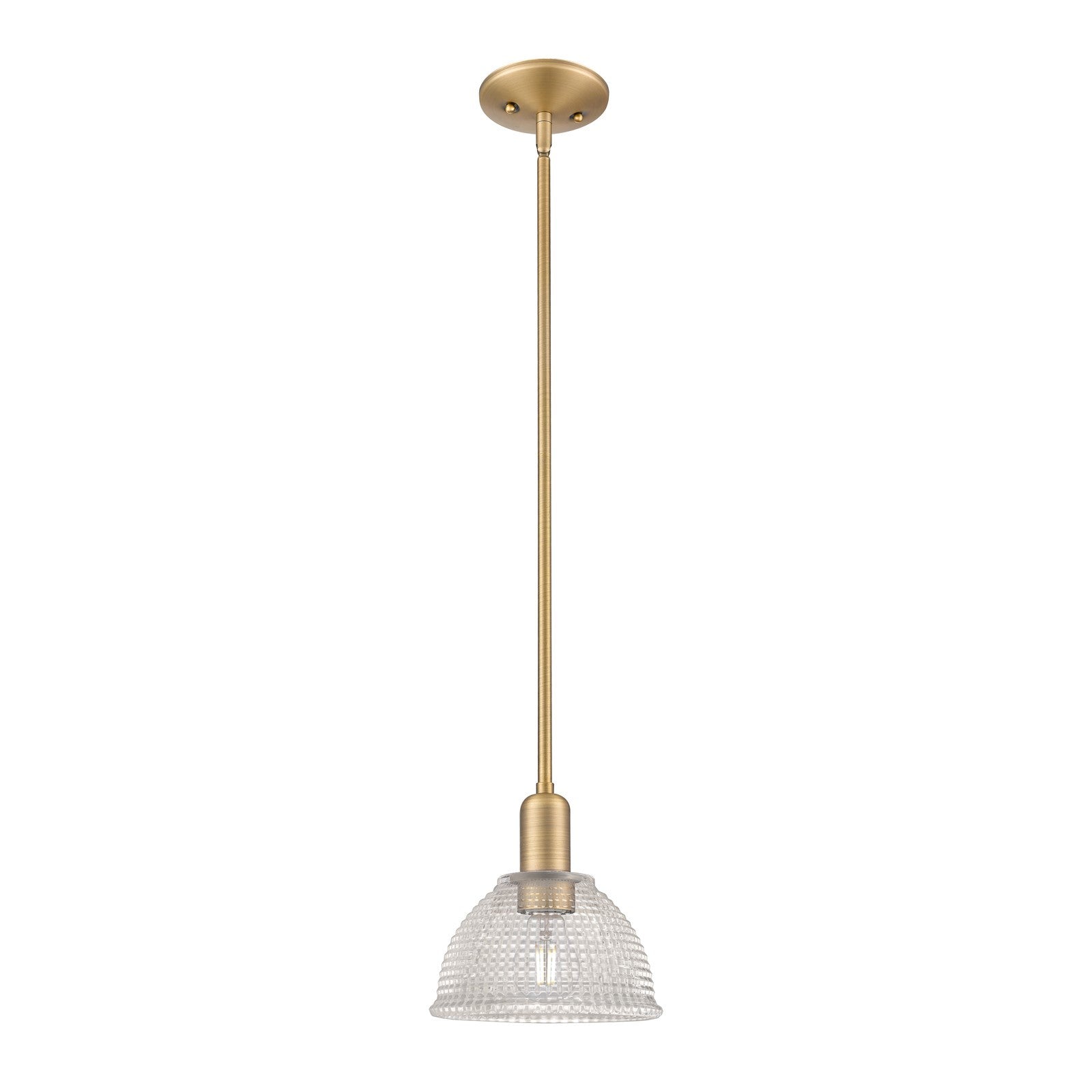 Innovations Arietta 8in 1-Light Mini Pendant | Industrial Brushed Brass Steel and Clear Glass | Kitchen Island & Dining Room | Damp | Model 716-1S-BB-G422