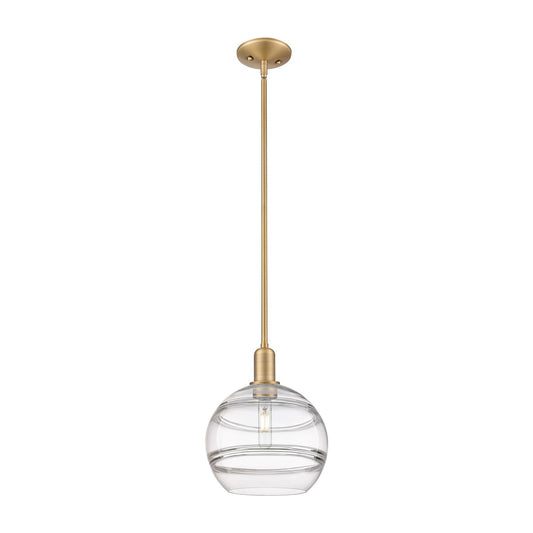 Innovations Rochester 10in 1-Light Mini Pendant | Industrial Brushed Brass Steel and Clear Glass | Kitchen Island & Dining | Model 716-1S-BB-G556-10CL