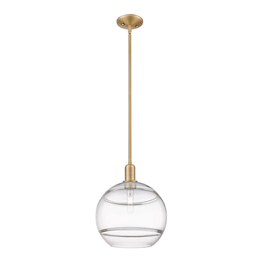 Innovations Rochester 12in 1-Light Mini Pendant | Industrial Brushed Brass Steel and Clear Glass | Kitchen Island & Dining | Model 716-1S-BB-G556-12CL