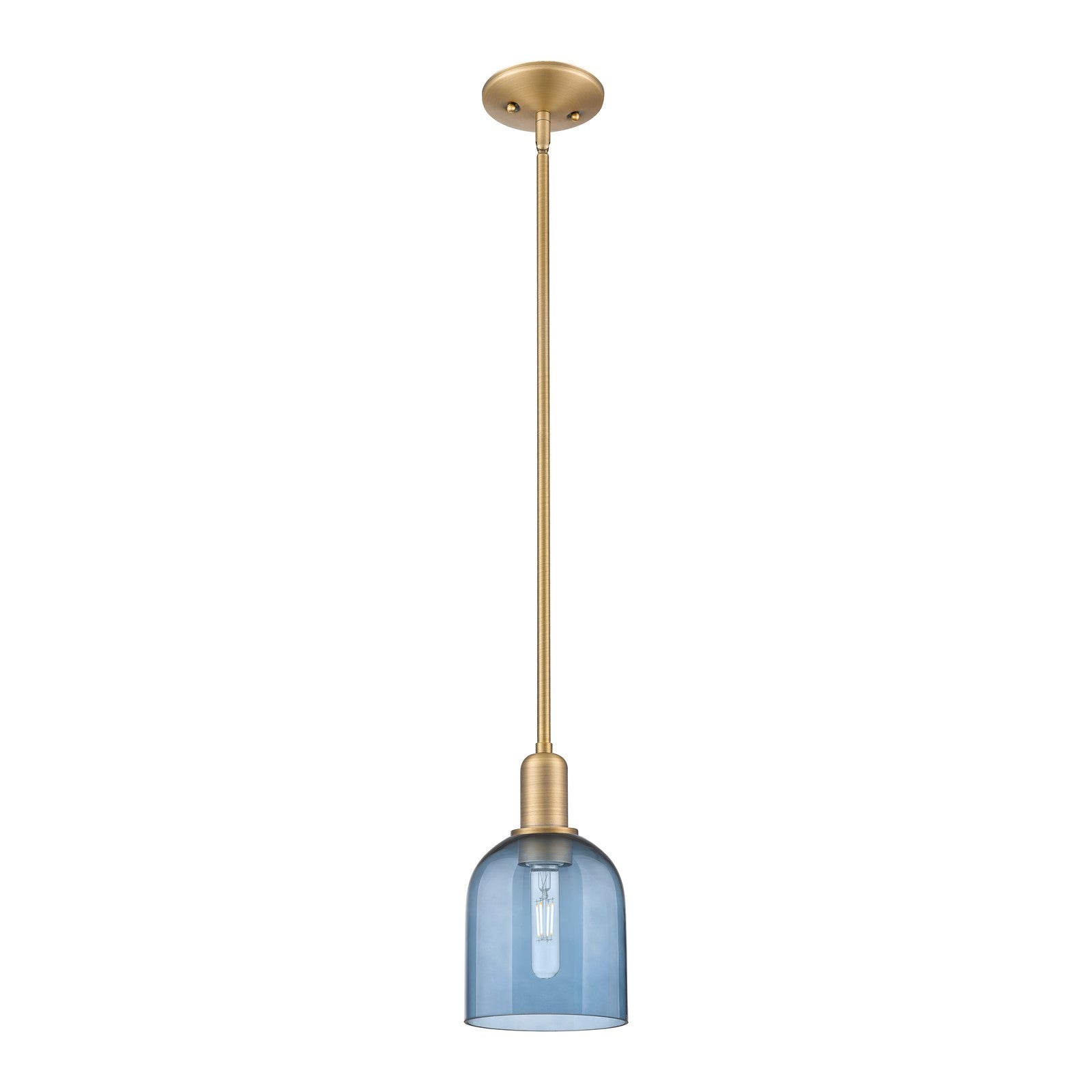 Innovations Bella 6in 1-Light Mini Pendant | Industrial Brushed Brass and Blue Glass | Kitchen Island & Dining Room | 5.5 x 5.5 | Model 716-1S-BB-G558-6BL