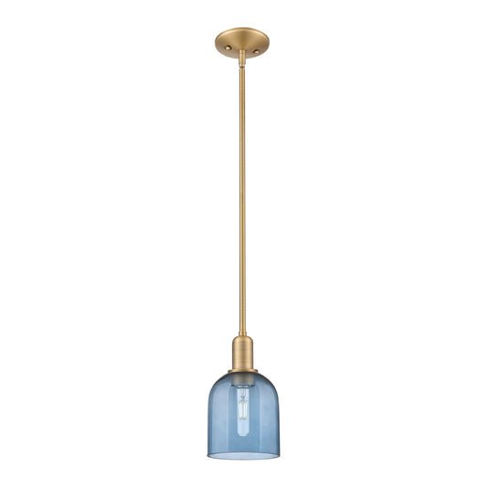 Innovations Bella 6in 1-Light Mini Pendant | Industrial Brushed Brass and Blue Glass | Kitchen Island & Dining Room | 5.5 x 5.5 | Model 716-1S-BB-G558-6BL