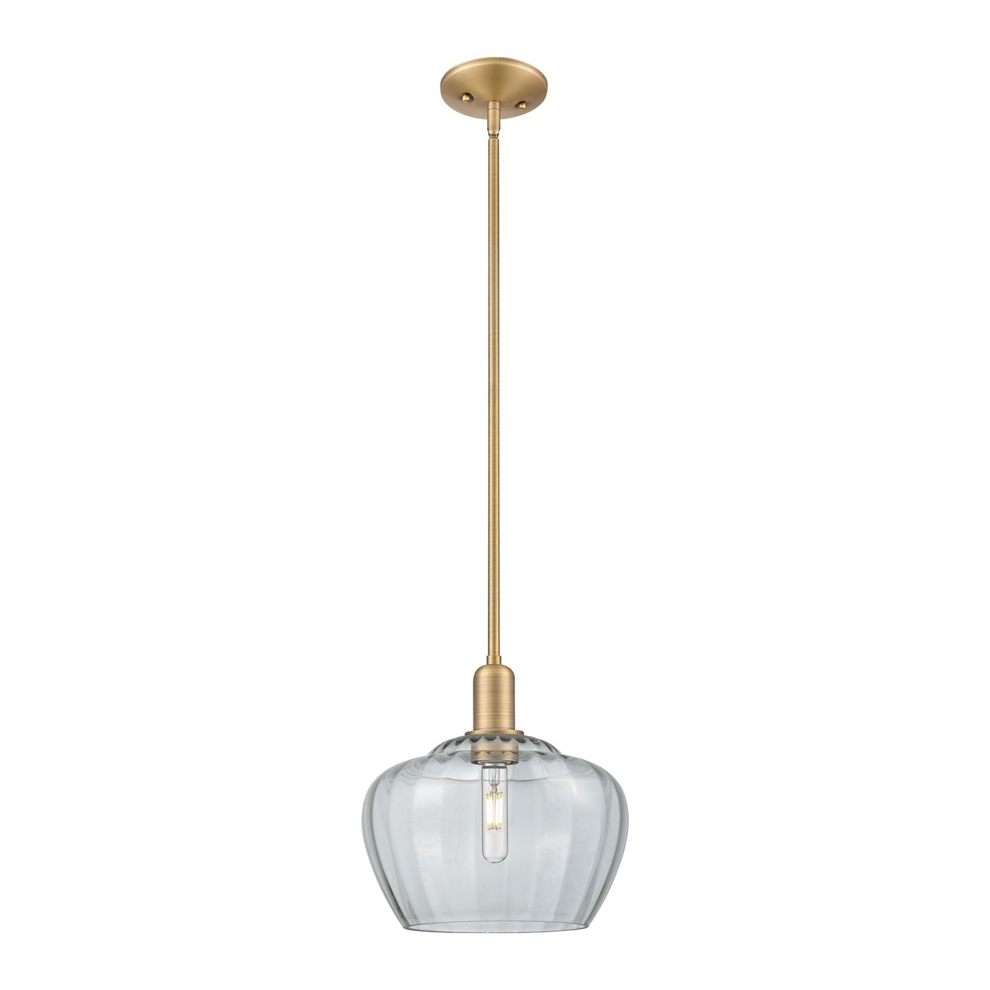 Innovations Fenton 11in 1-Light Mini Pendant | Industrial Brushed Brass Steel and Clear Ribbed Glass | Kitchen Island & Dining | Model 716-1S-BB-G92-L