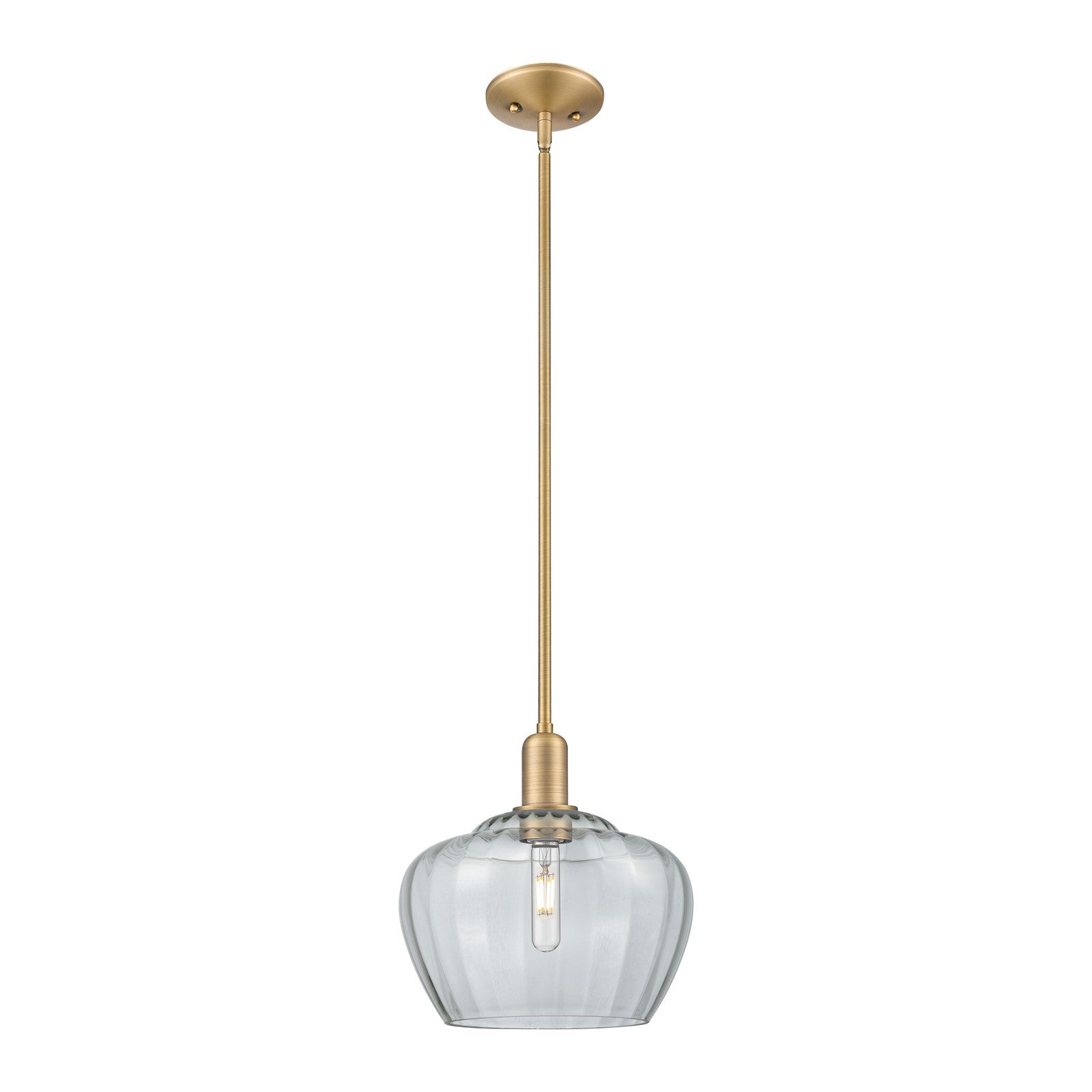 Innovations Fenton 11in 1-Light Mini Pendant | Industrial Brushed Brass Steel and Clear Ribbed Glass | Kitchen Island & Dining | Model 716-1S-BB-G92-L