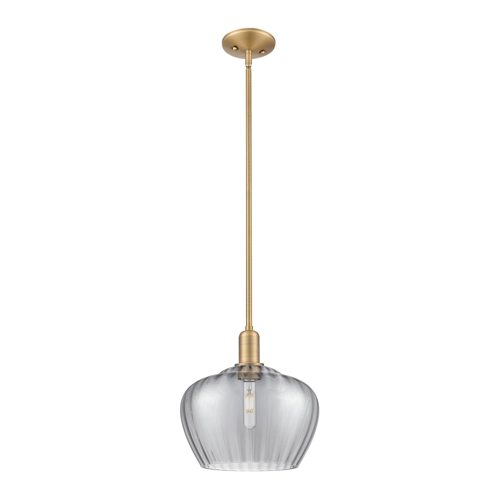 Innovations Fenton 11in 1-Light Mini Pendant | Industrial Brushed Brass and Light Smoke Ribbed Glass | Kitchen Island & Dining | Model 716-1S-BB-G93-L