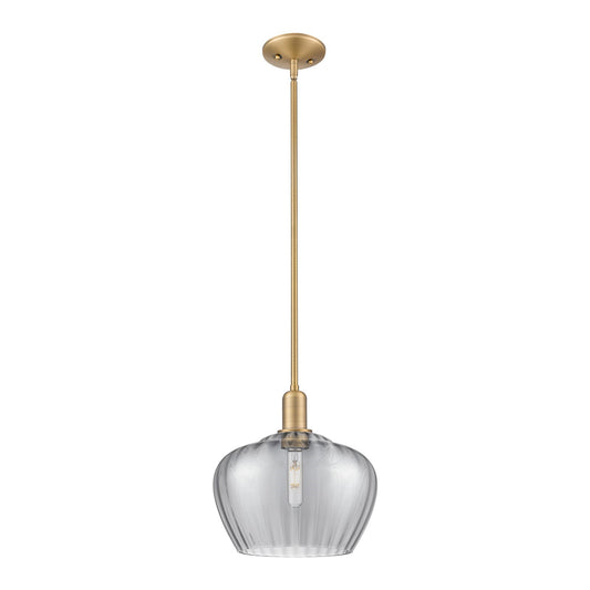 Innovations Fenton 11in 1-Light Mini Pendant | Industrial Brushed Brass and Light Smoke Ribbed Glass | Kitchen Island & Dining | Model 716-1S-BB-G93-L
