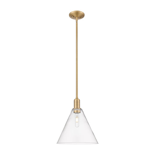 Innovations Berkshire Glass 12in 1-Light Mini Pendant | Industrial Brushed Brass Steel and Clear Cone Glass | Kitchen Island & | Model 716-1S-BB-GBC-122