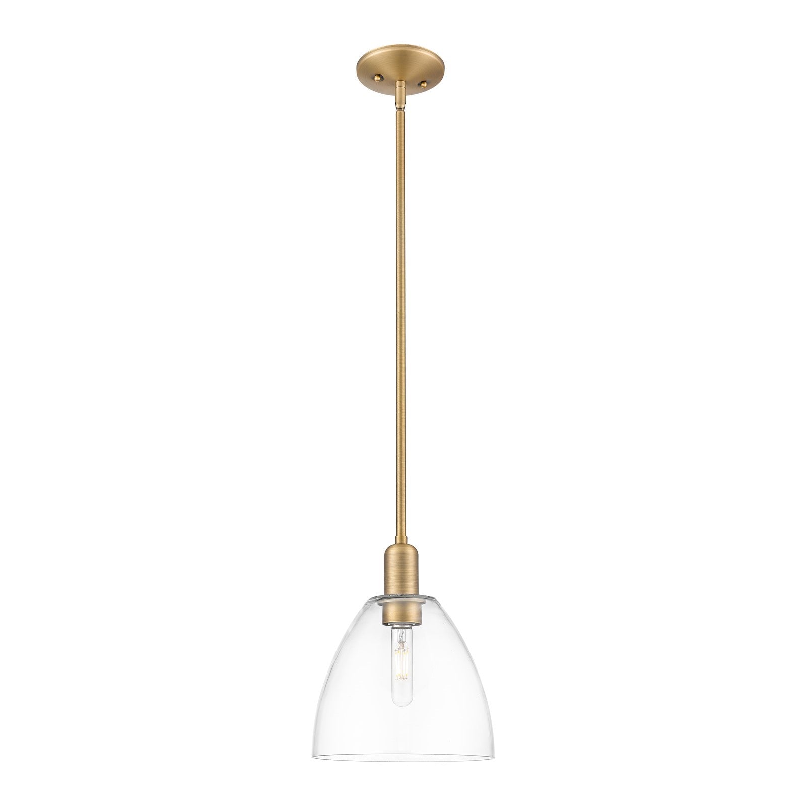 Innovations Bristol 9in 1-Light Mini Pendant | Industrial Brushed Brass Steel and Clear Glass | Kitchen Island & Dining Room | Model 716-1S-BB-GBD-92