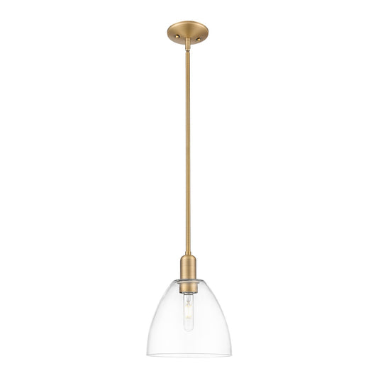 Innovations Bristol 9in 1-Light Mini Pendant | Industrial Brushed Brass Steel and Clear Glass | Kitchen Island & Dining Room | Model 716-1S-BB-GBD-92