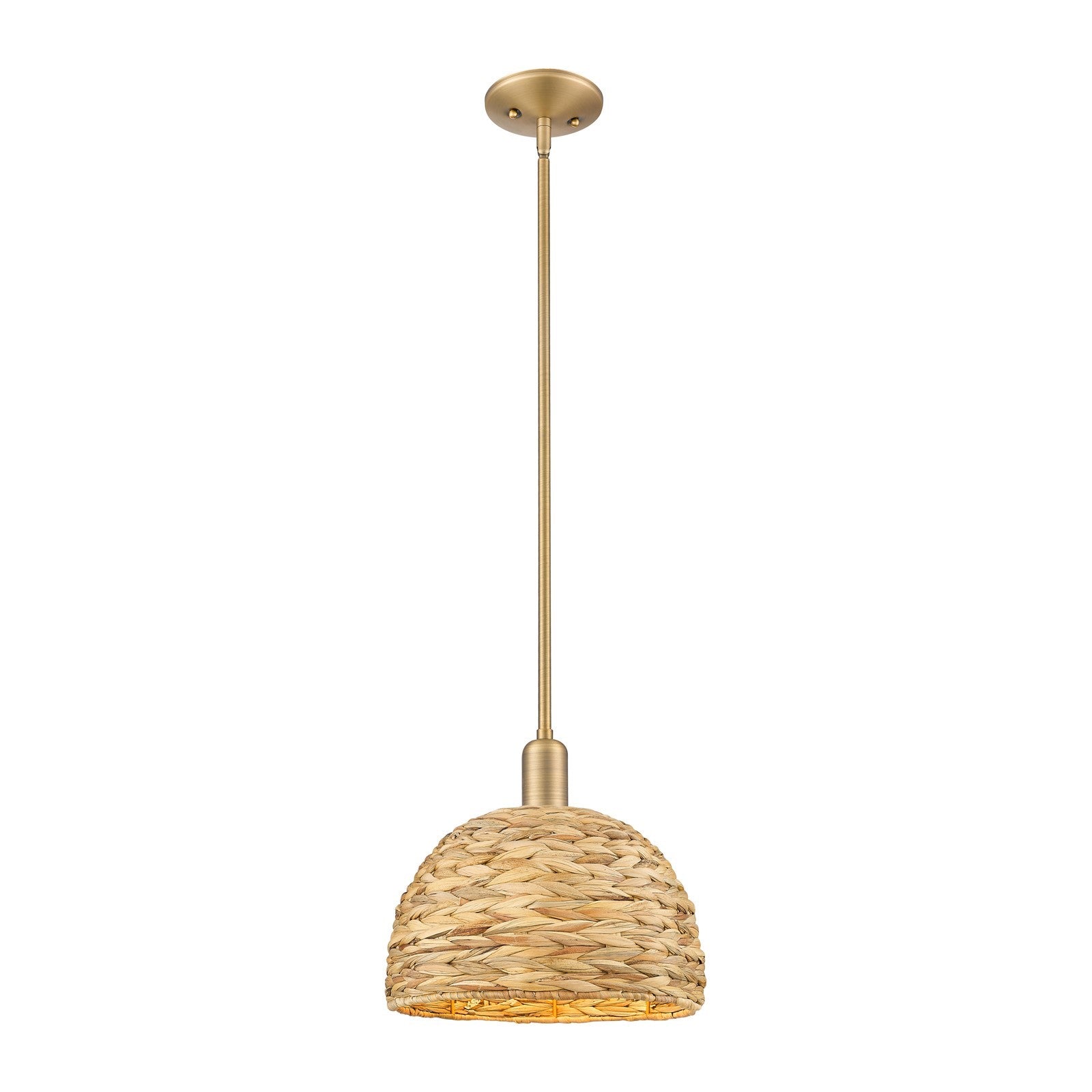 Innovations Woven Rattan 12in 1-Light Mini Pendant | Industrial Brushed Brass and Natural Fiber Dome Shade | Kitchen Island & | Model 716-1S-BB-RBD-12-NAT