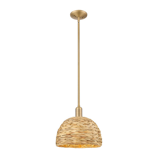 Innovations Woven Rattan 12in 1-Light Mini Pendant | Industrial Brushed Brass and Natural Fiber Dome Shade | Kitchen Island & | Model 716-1S-BB-RBD-12-NAT
