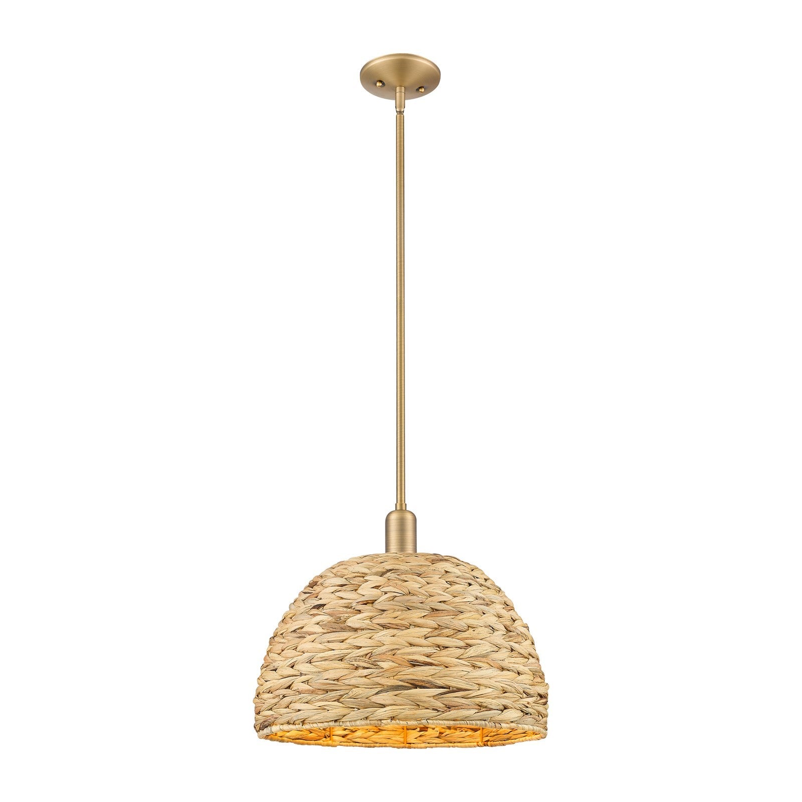 Innovations Woven Rattan 16in 1-Light Mini Pendant | Industrial Brushed Brass and Natural Fiber Dome Shade | Kitchen Island & | Model 716-1S-BB-RBD-16-NAT