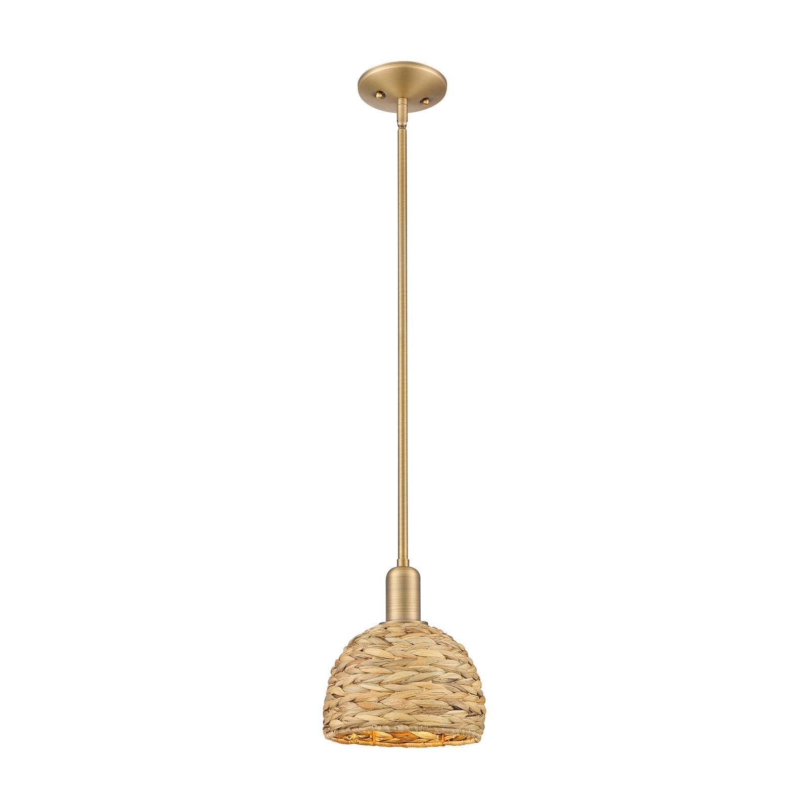 Innovations Arcadia 8in 1-Light Mini Pendant | Rustic Brushed Brass and Natural Woven Rattan | Kitchen Island & Dining Room | Model 716-1S-BB-RBD-8-NAT