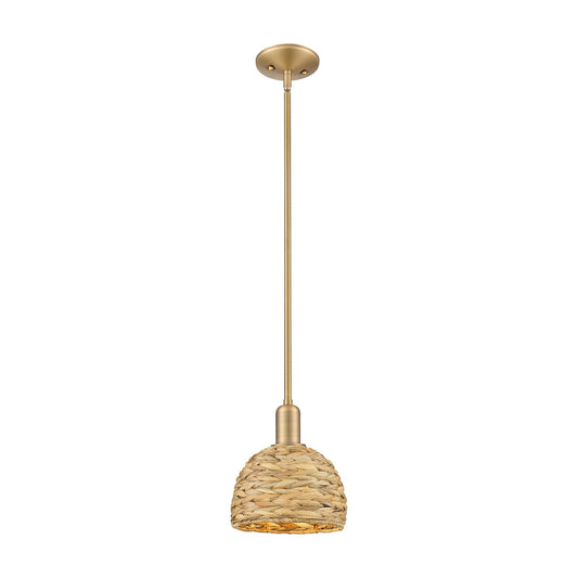 Innovations Arcadia 8in 1-Light Mini Pendant | Rustic Brushed Brass and Natural Woven Rattan | Kitchen Island & Dining Room | Model 716-1S-BB-RBD-8-NAT