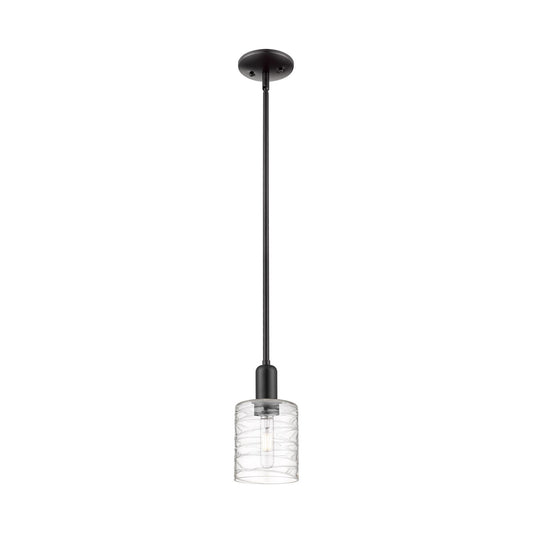 Innovations Cobbleskill 5in 1-Light Mini Pendant | Industrial Matte Black Steel and Deco Swirl Glass | Kitchen Island | 5 x 5 x | Model 716-1S-BK-G1113