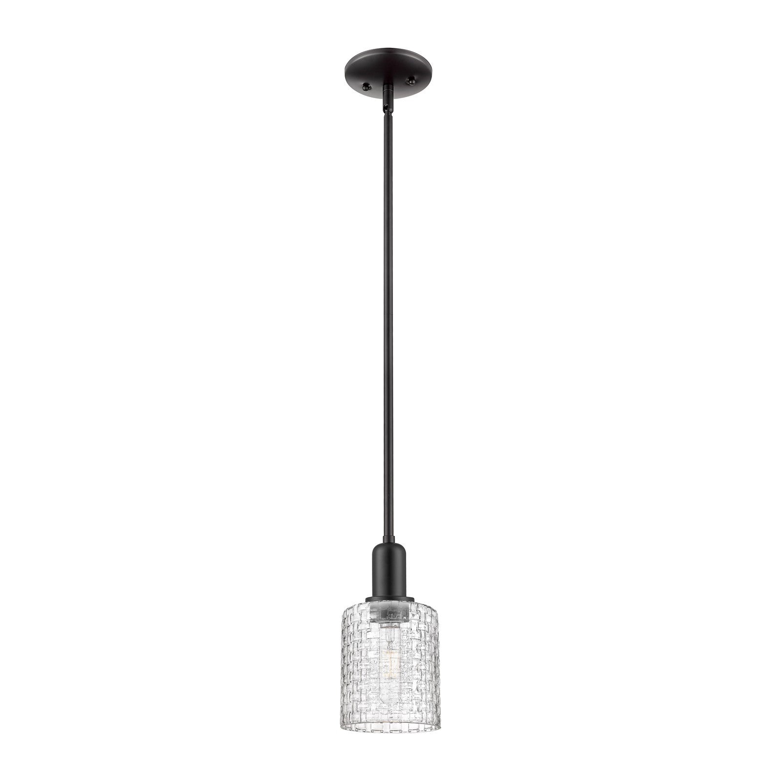 Innovations Cobbleskill 5in 1-Light Mini Pendant | Industrial Matte Black Steel and Clear Basket Weave Glass | Kitchen Island | Model 716-1S-BK-G112C-5CL