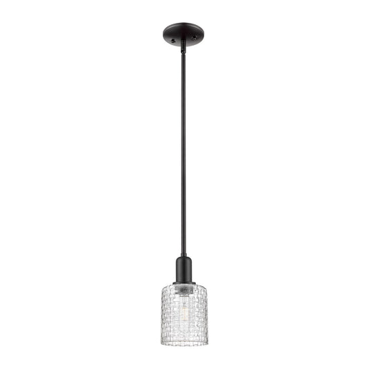 Innovations Cobbleskill 5in 1-Light Mini Pendant | Industrial Matte Black Steel and Clear Basket Weave Glass | Kitchen Island | Model 716-1S-BK-G112C-5CL