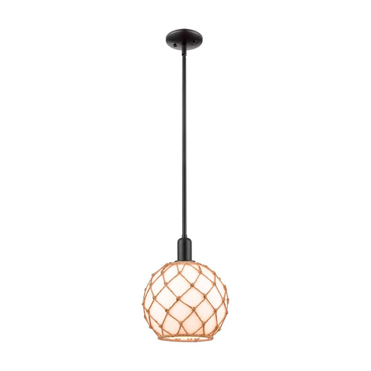 Innovations Farmhouse Rope 10in 1-Light Mini Pendant | Industrial Matte Black Steel and Matte White Glass with Brown Rope | Model 716-1S-BK-G121-10RB