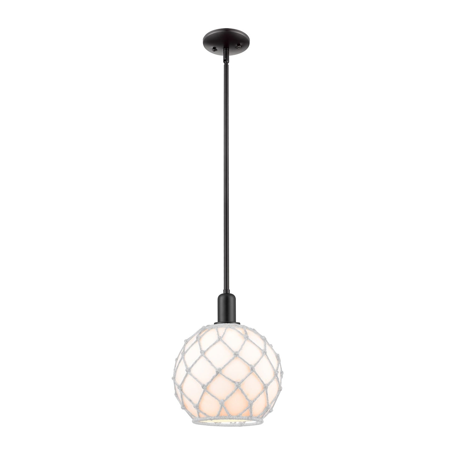 Innovations Farmhouse Rope 10in 1-Light Mini Pendant | Industrial Matte Black Steel and White Glass with Rope Shade | Kitchen | Model 716-1S-BK-G121-10RW