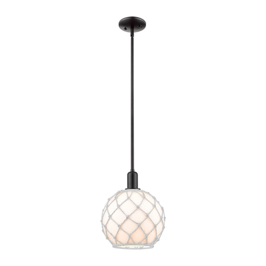 Innovations Farmhouse Rope 10in 1-Light Mini Pendant | Industrial Matte Black Steel and White Glass with Rope Shade | Kitchen | Model 716-1S-BK-G121-10RW