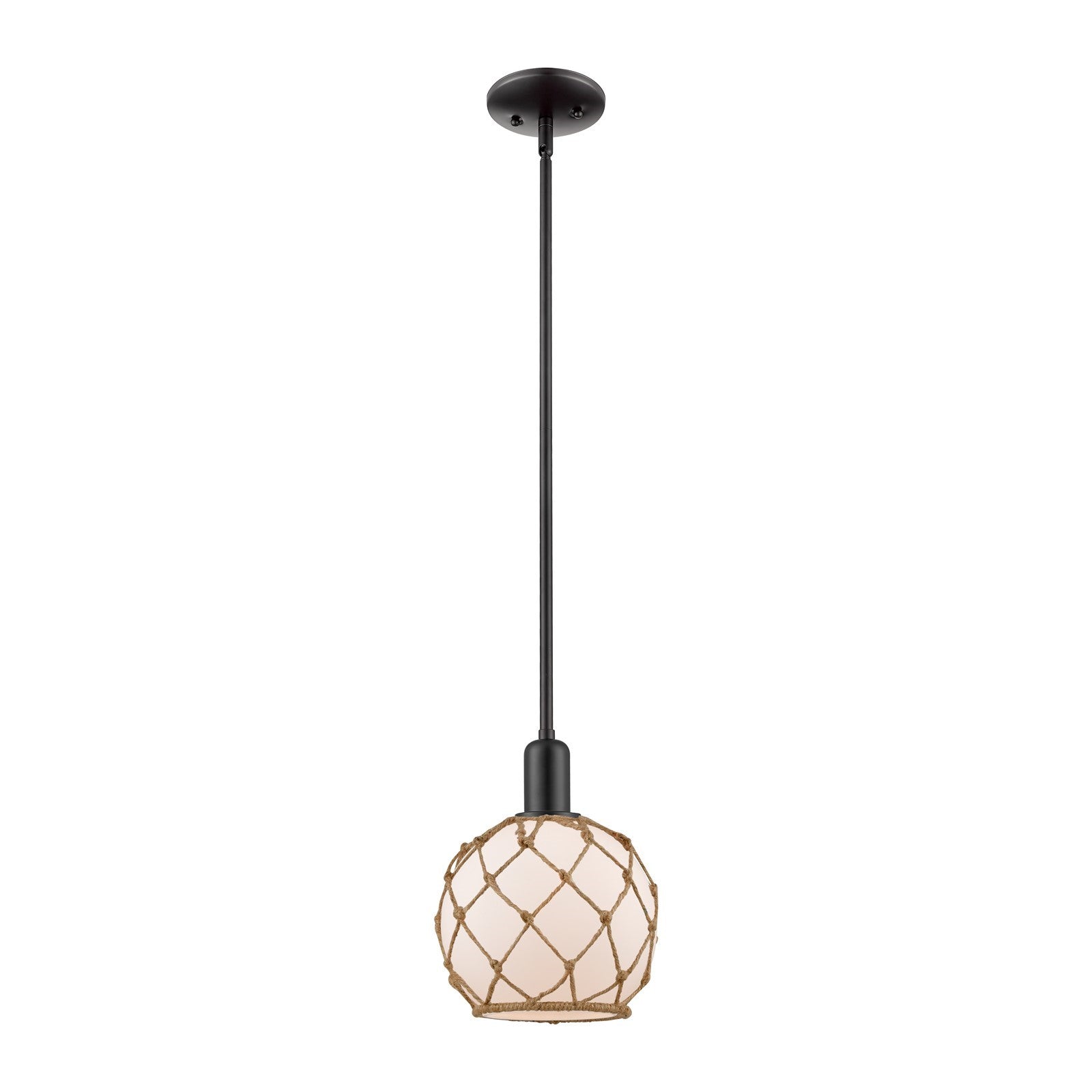 Innovations Farmhouse Rope 8in 1-Light Mini Pendant | Industrial Matte Black Steel and White Frosted Glass with Brown Rope | Model 716-1S-BK-G121-8RB