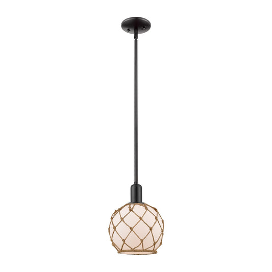 Innovations Farmhouse Rope 8in 1-Light Mini Pendant | Industrial Matte Black Steel and White Frosted Glass with Brown Rope | Model 716-1S-BK-G121-8RB