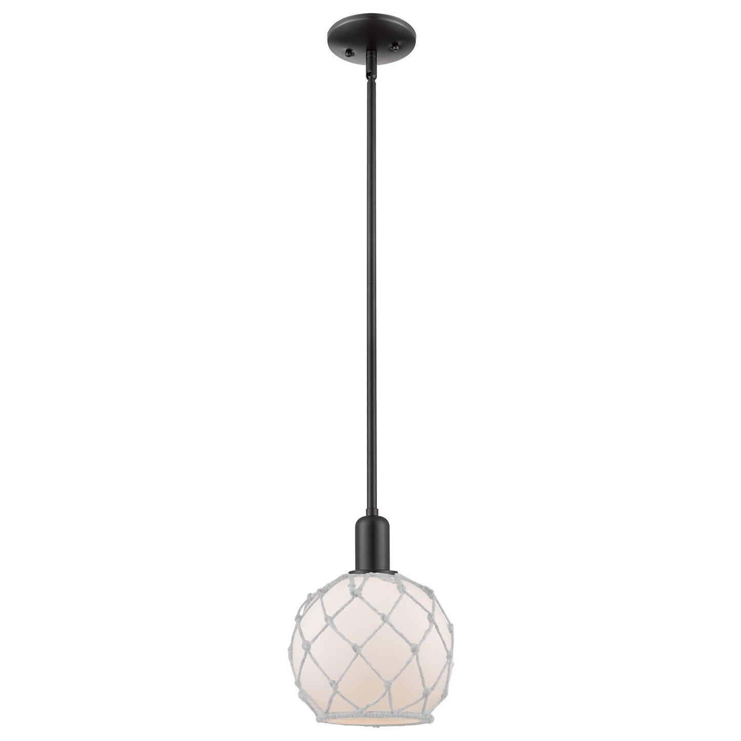 Innovations Farmhouse Rope 8in 1-Light Mini Pendant | Industrial Matte Black Steel and White Frosted Glass with Rope Shade | Model 716-1S-BK-G121-8RW