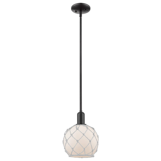 Innovations Farmhouse Rope 8in 1-Light Mini Pendant | Industrial Matte Black Steel and White Frosted Glass with Rope Shade | Model 716-1S-BK-G121-8RW