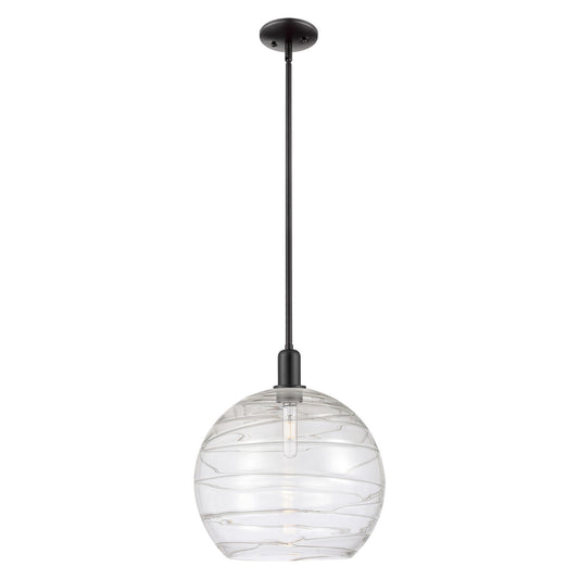 Innovations Athens Deco Swirl 14in 1-Light Mini Pendant | Industrial Matte Black Steel and Clear Deco Swirl Glass | Kitchen | Model 716-1S-BK-G1213-14CL