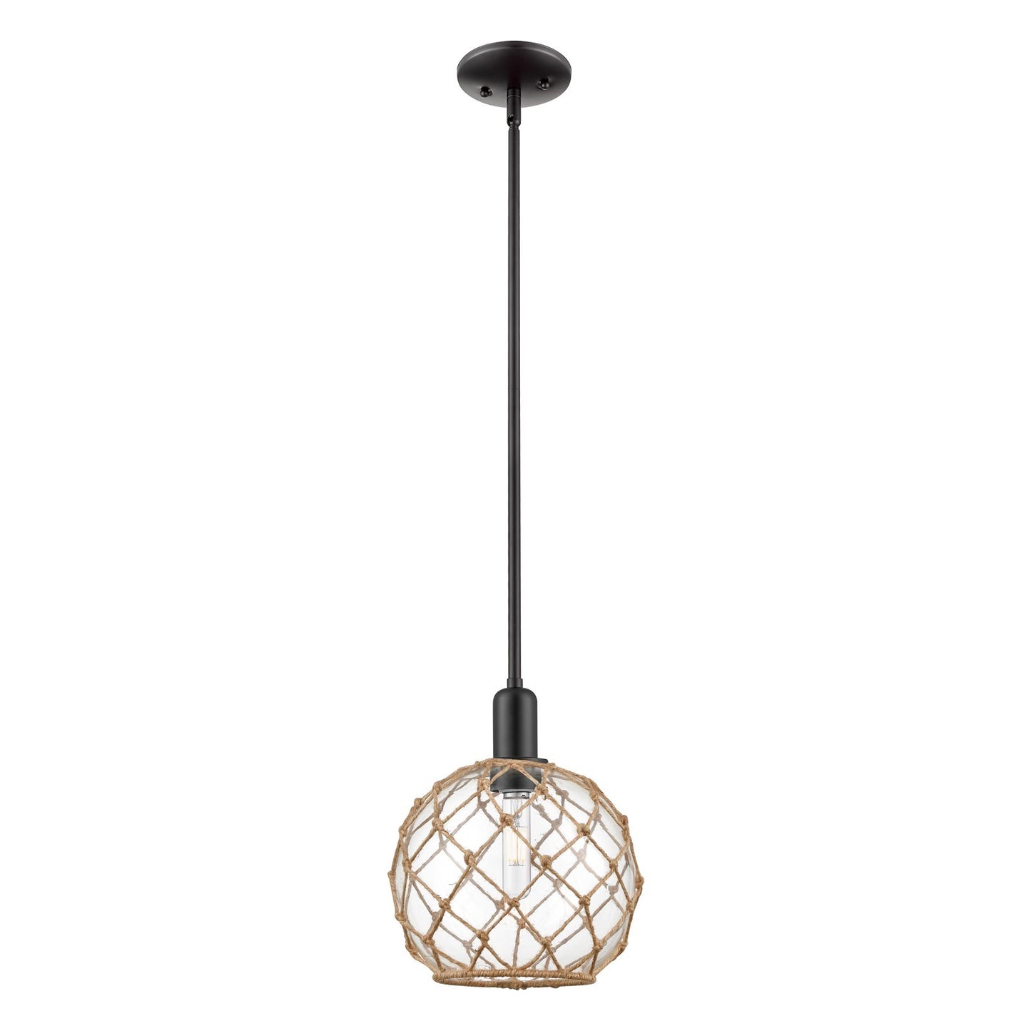 Innovations Farmhouse Rope 10in 1-Light Mini Pendant | Industrial Matte Black Steel and Clear Glass with Brown Rope | Kitchen | Model 716-1S-BK-G122-10RB