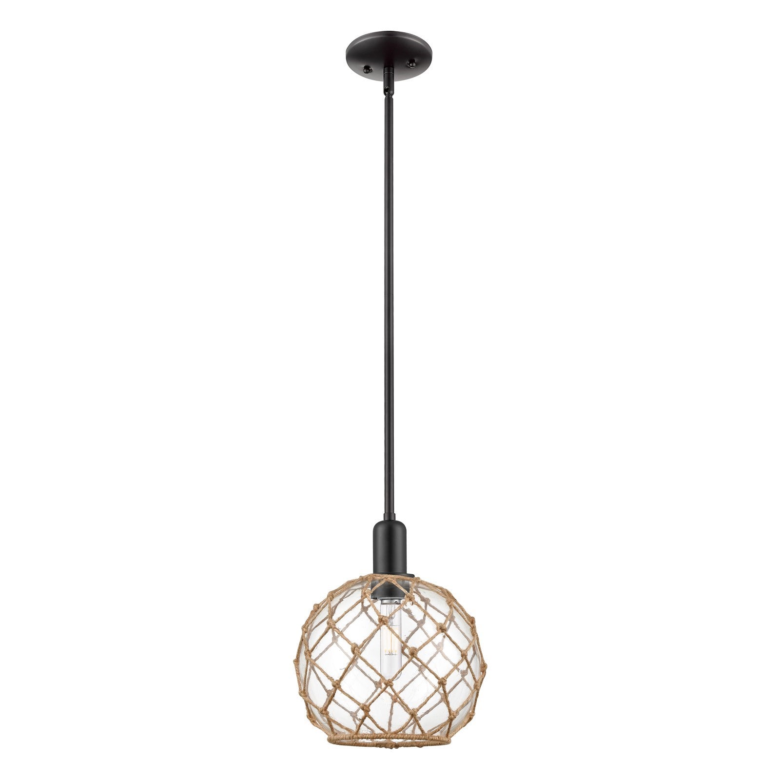 Innovations Farmhouse Rope 10in 1-Light Mini Pendant | Industrial Matte Black Steel and Clear Glass with Brown Rope | Kitchen | Model 716-1S-BK-G122-10RB