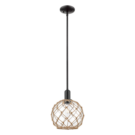 Innovations Farmhouse Rope 10in 1-Light Mini Pendant | Industrial Matte Black Steel and Clear Glass with Brown Rope | Kitchen | Model 716-1S-BK-G122-10RB