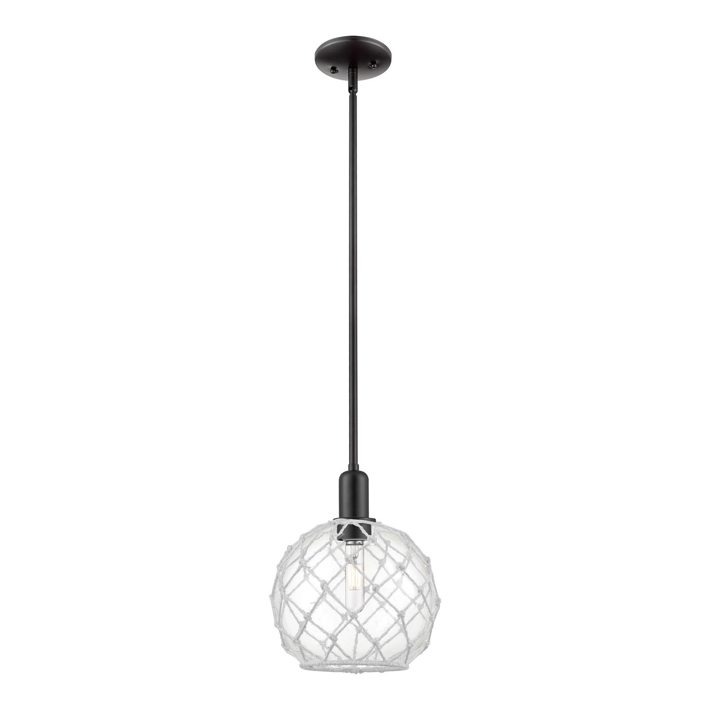 Innovations Farmhouse Rope 10in 1-Light Mini Pendant | Industrial Matte Black Steel and Clear Glass with White Rope | Kitchen | Model 716-1S-BK-G122-10RW
