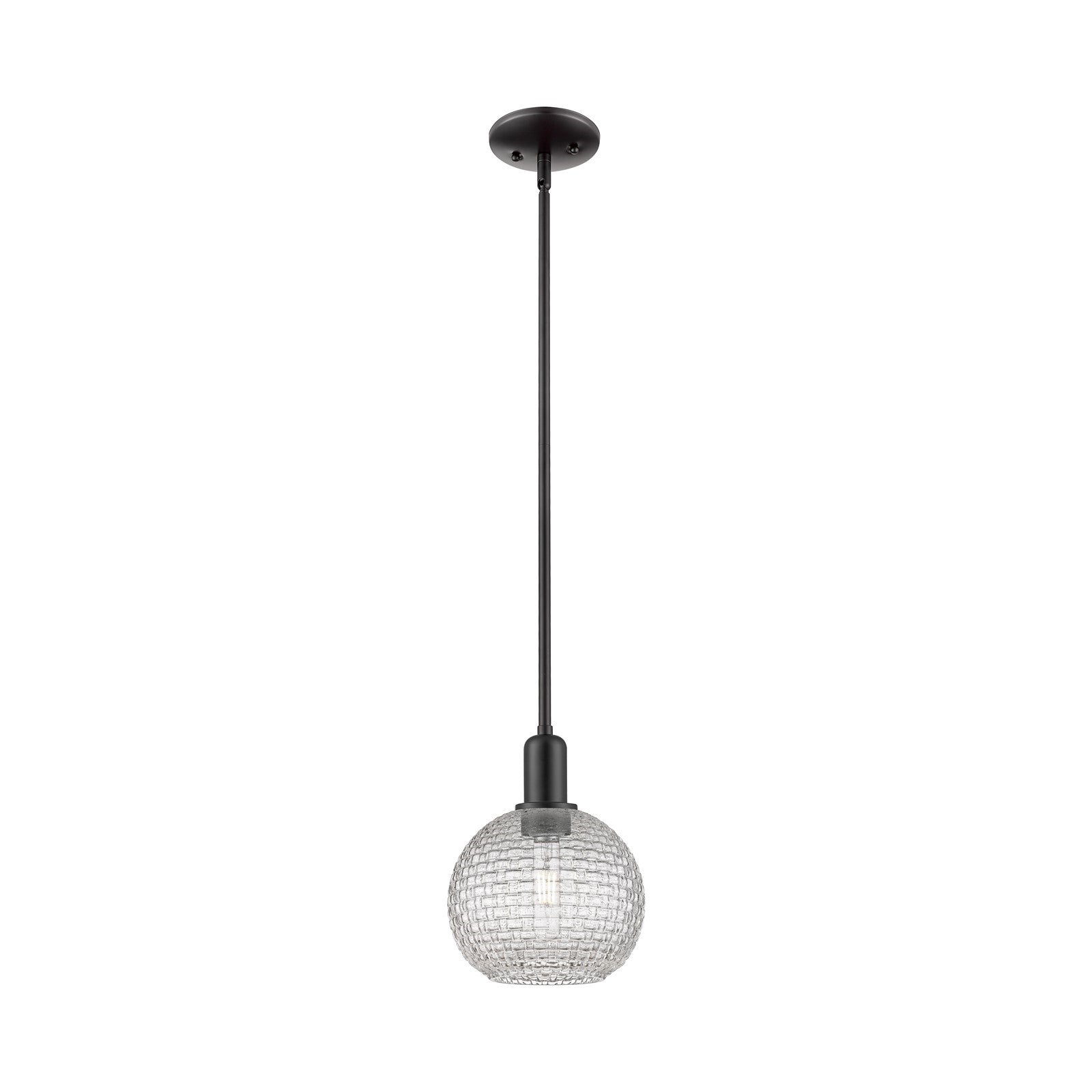 Innovations Athens 8in 1-Light Mini Pendant | Industrial Matte Black Steel and Clear Basket Weave Glass | Kitchen Island & | Model 716-1S-BK-G122C-8CL