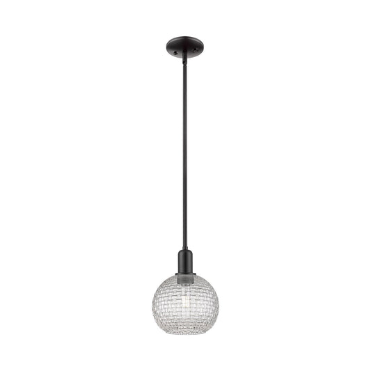 Innovations Athens 8in 1-Light Mini Pendant | Industrial Matte Black Steel and Clear Basket Weave Glass | Kitchen Island & | Model 716-1S-BK-G122C-8CL